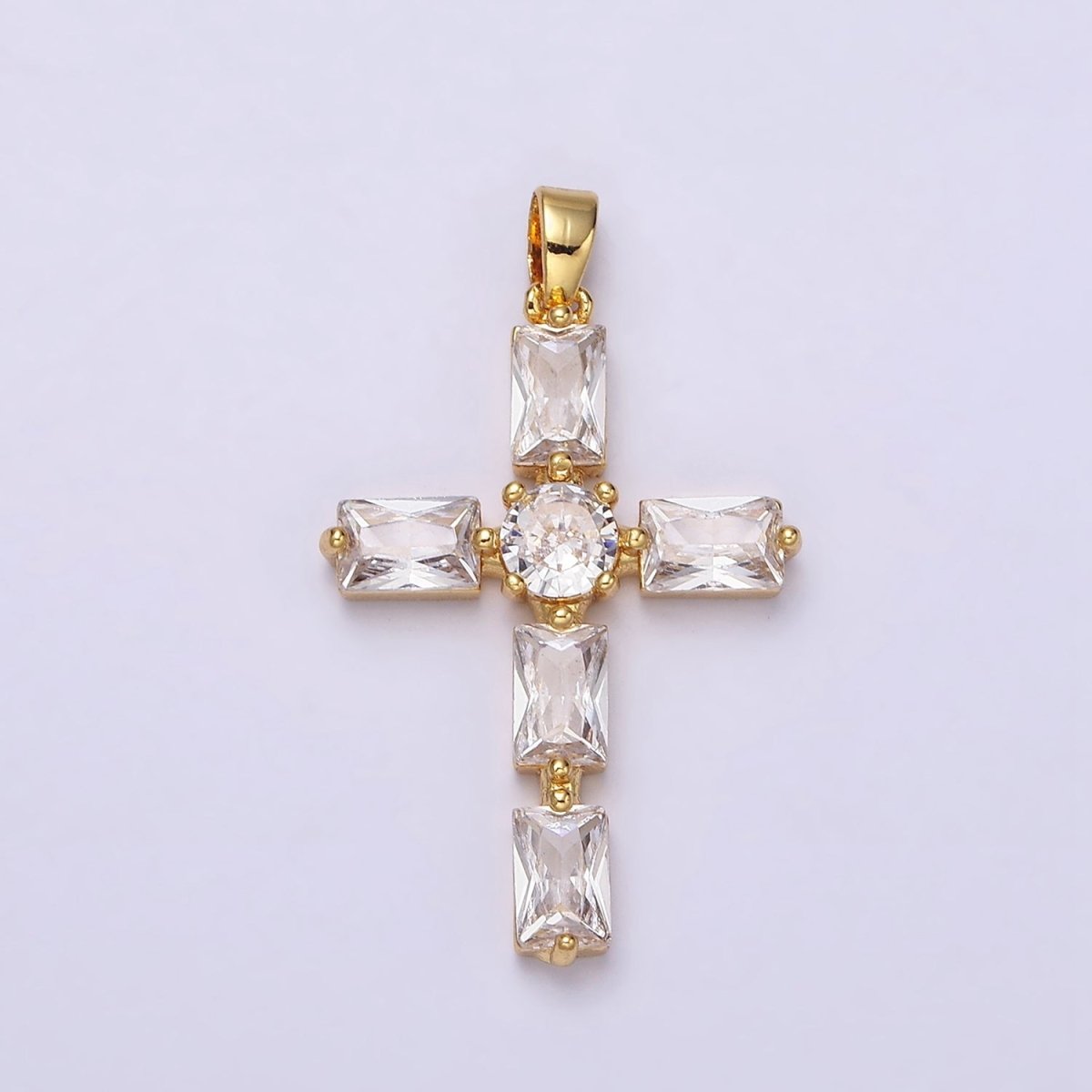 24K Gold Filled Pink, Clear Baguette Dotted Religious Cross in Silver & Gold | AA543 - AA546 - DLUXCA