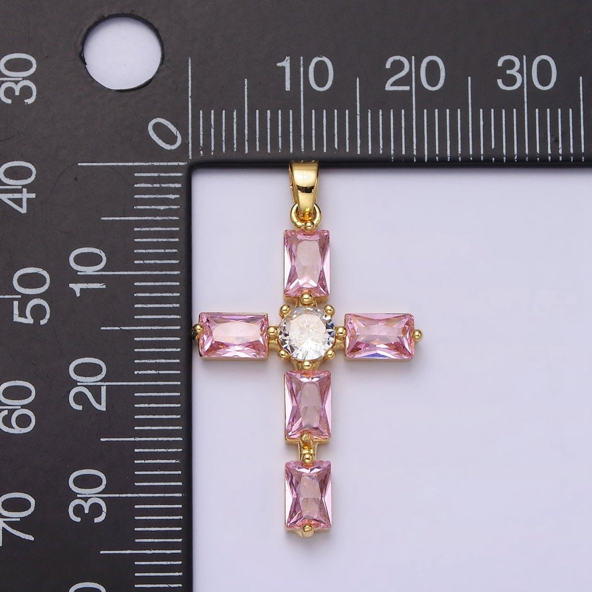 24K Gold Filled Pink, Clear Baguette Dotted Religious Cross in Silver & Gold | AA543 - AA546 - DLUXCA
