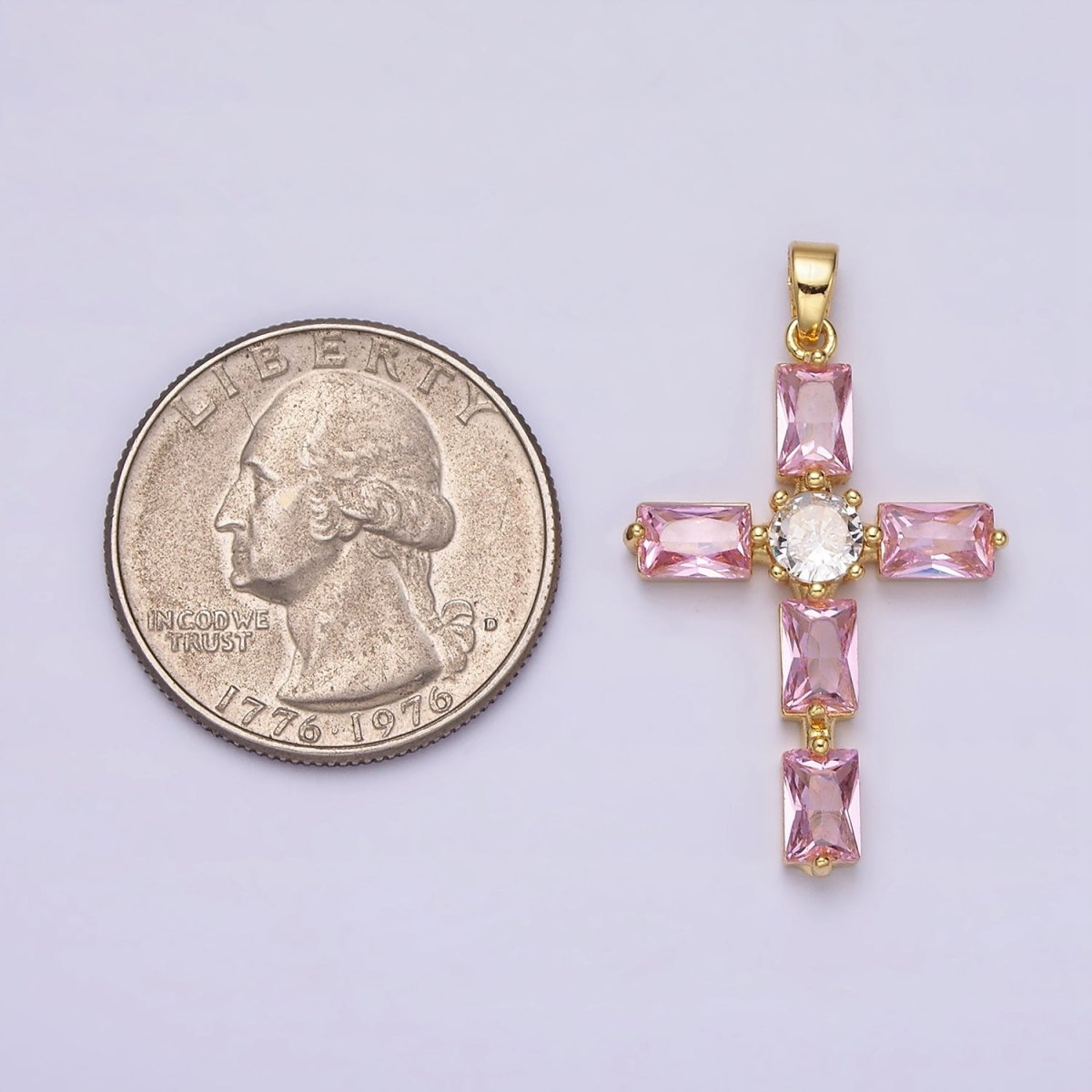 24K Gold Filled Pink, Clear Baguette Dotted Religious Cross in Silver & Gold | AA543 - AA546 - DLUXCA