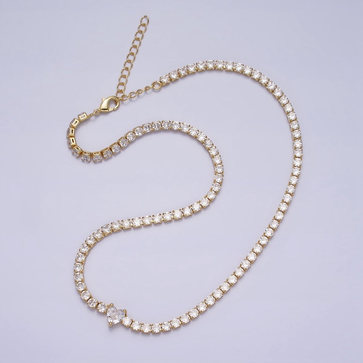 24K Gold Filled Pink Clear CZ Heart Valentine Tennis Chain 13.75mm Choker Minimalist Necklace | WA-1732 WA-1733 Clearance Pricing - DLUXCA