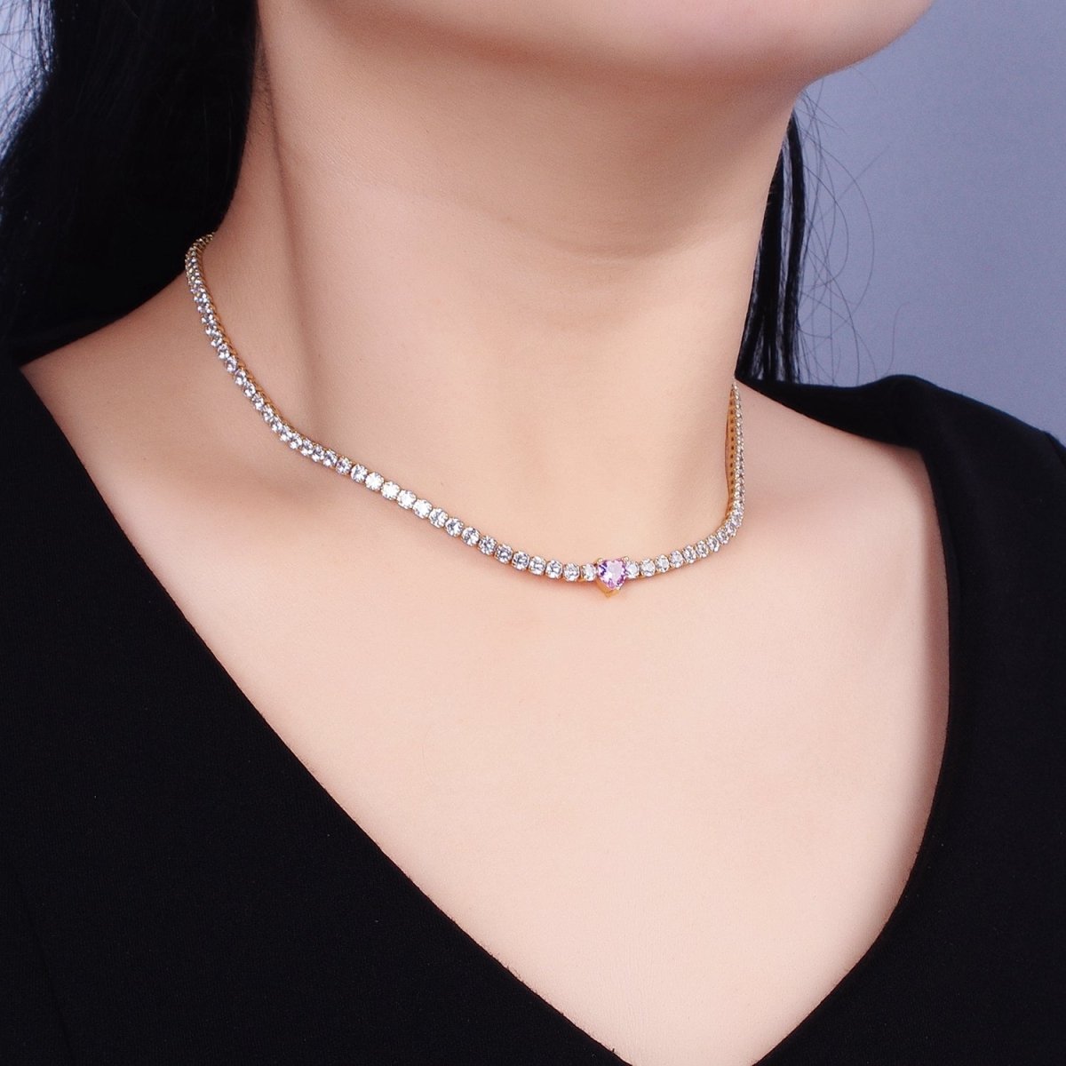 24K Gold Filled Pink Clear CZ Heart Valentine Tennis Chain 13.75mm Choker Minimalist Necklace | WA-1732 WA-1733 Clearance Pricing - DLUXCA