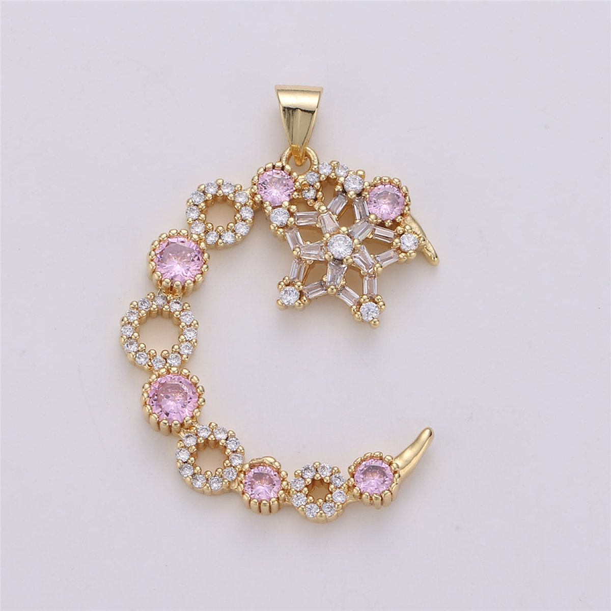 24K Gold Filled Pink Clear Micro Paved Cubic Zirconia Moon and Stars Pendant I-577 - DLUXCA