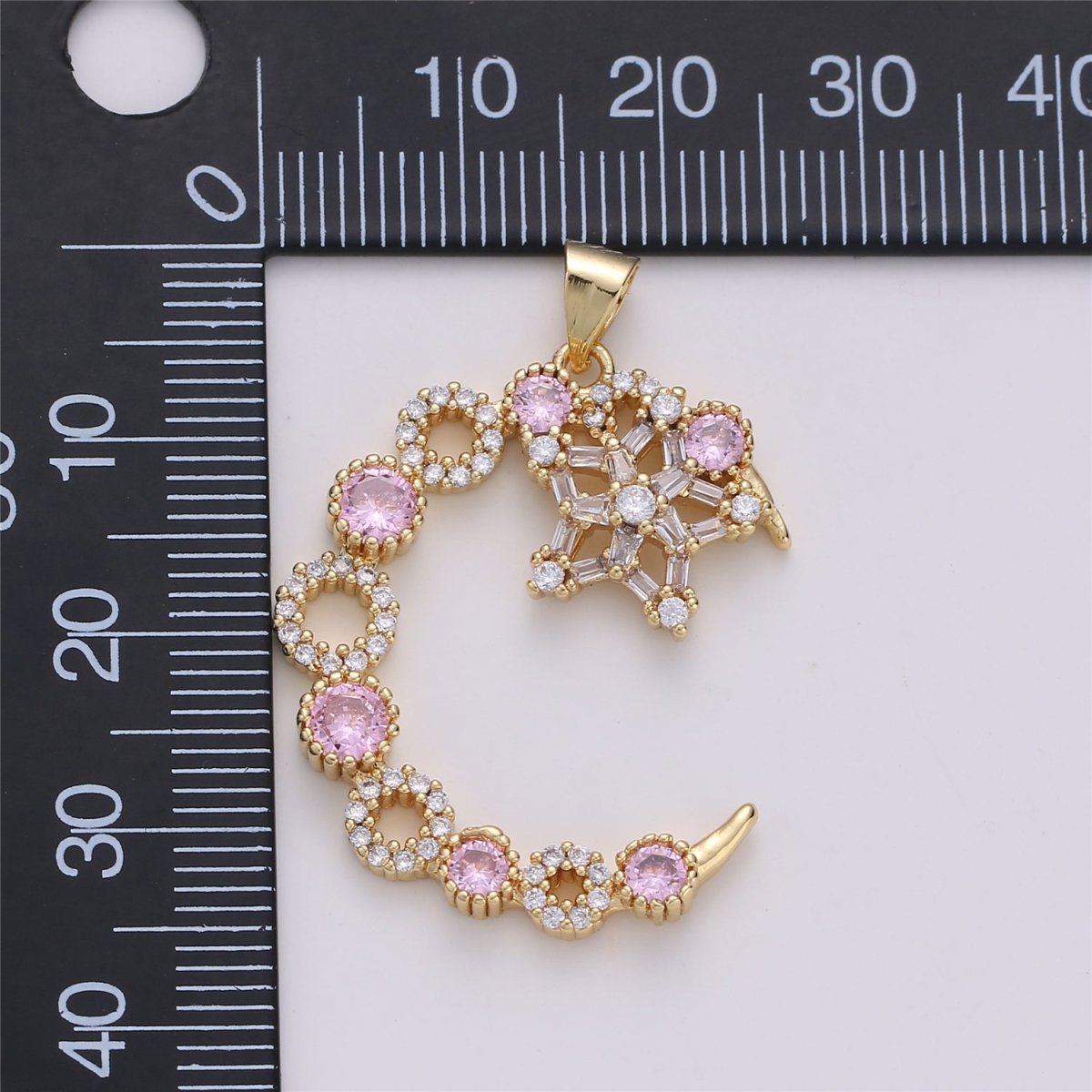 24K Gold Filled Pink Clear Micro Paved Cubic Zirconia Moon and Stars Pendant I-577 - DLUXCA