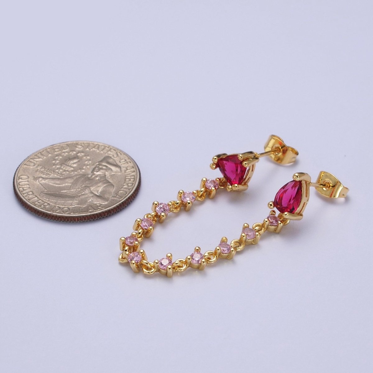 24K Gold Filled Pink Cubic Zirconia Chain Link Double Fuchsia Teardrop Stud Earrings | Y-117 - DLUXCA