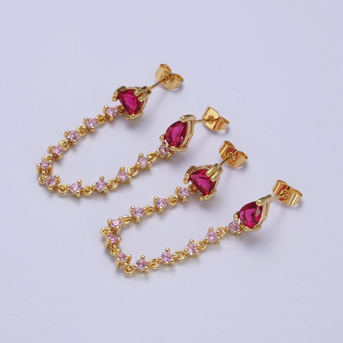 24K Gold Filled Pink Cubic Zirconia Chain Link Double Fuchsia Teardrop Stud Earrings | Y-117 - DLUXCA