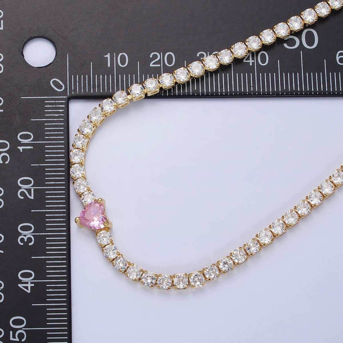 24K Gold Filled Pink CZ Heart Valentine Tennis Chain 13.5mm Choker Statement Necklace | WA-1673 Clearance Pricing - DLUXCA