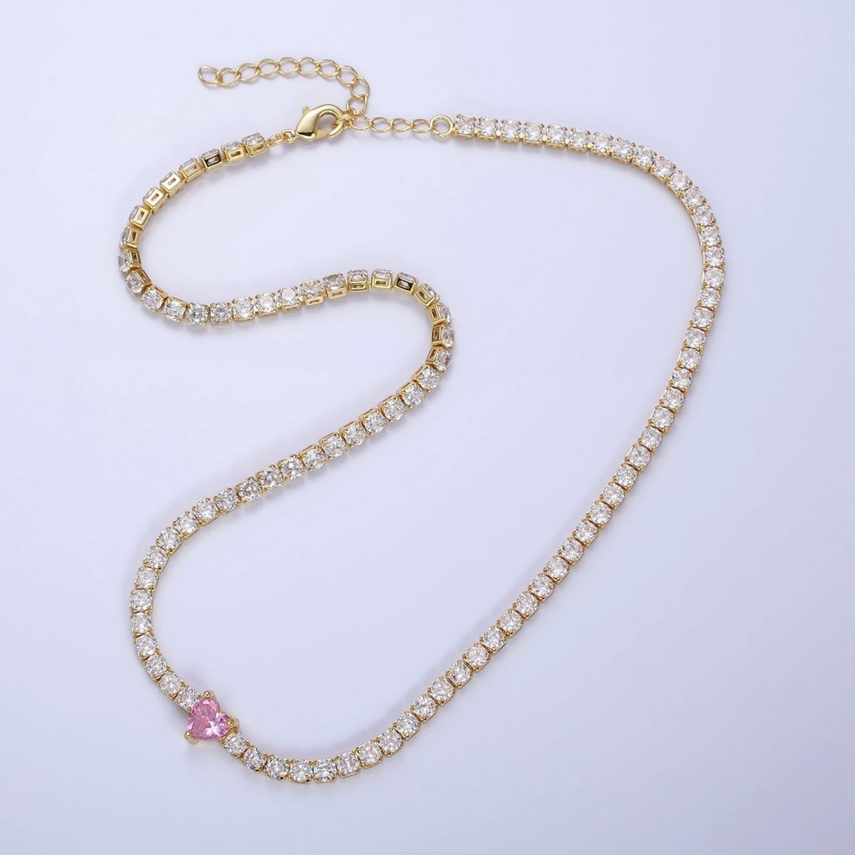 24K Gold Filled Pink CZ Heart Valentine Tennis Chain 13.5mm Choker Statement Necklace | WA-1673 Clearance Pricing - DLUXCA