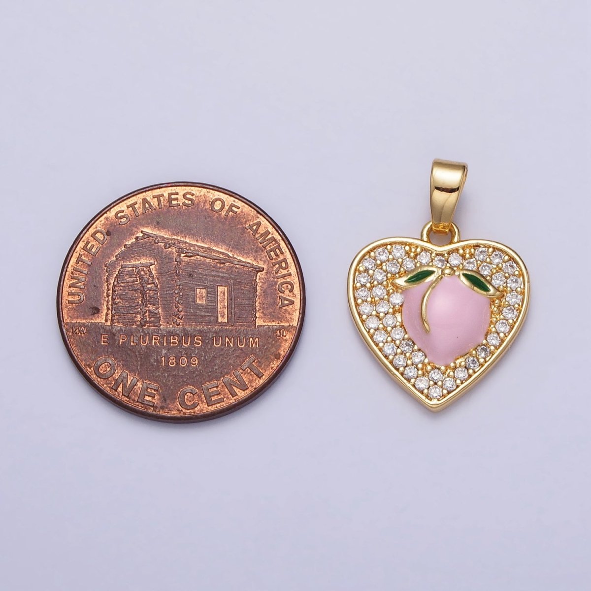 24K Gold Filled Pink Enamel Peach Fruit Clear Micro Paved Heart Pendant | AA107 - DLUXCA