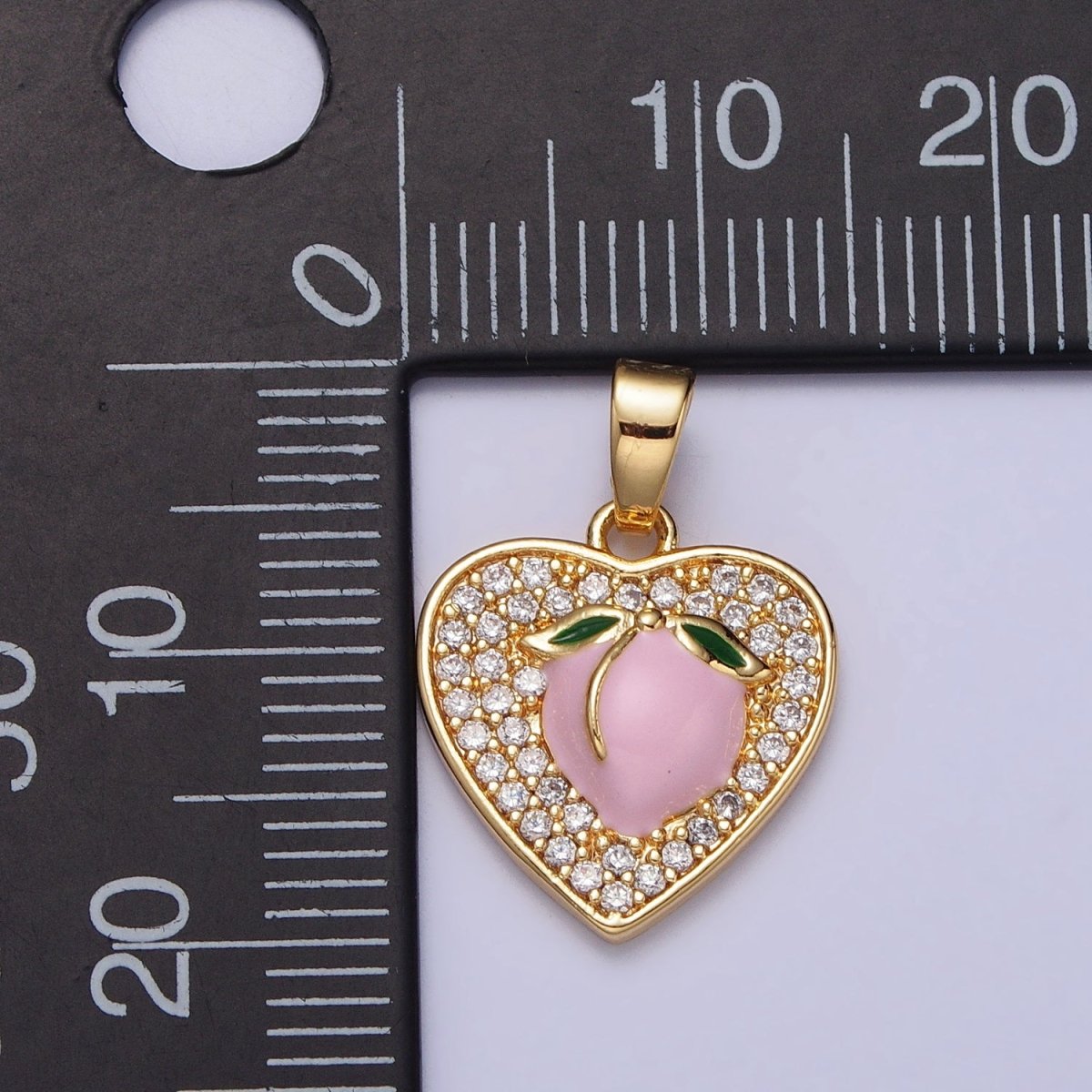24K Gold Filled Pink Enamel Peach Fruit Clear Micro Paved Heart Pendant | AA107 - DLUXCA