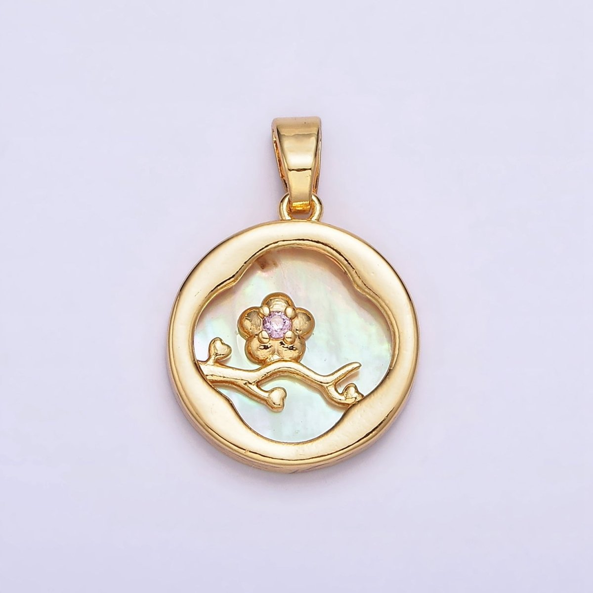 24K Gold Filled Pink Flower CZ Branch Shell Pearl Quatrefoil Round Pendant | AA576 - DLUXCA