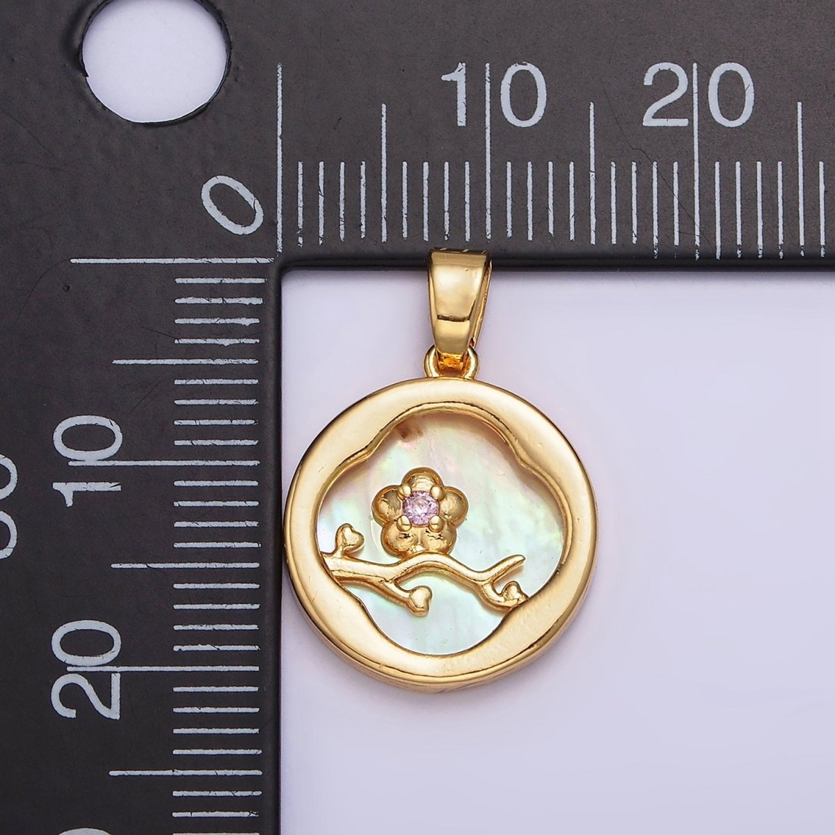 24K Gold Filled Pink Flower CZ Branch Shell Pearl Quatrefoil Round Pendant | AA576 - DLUXCA