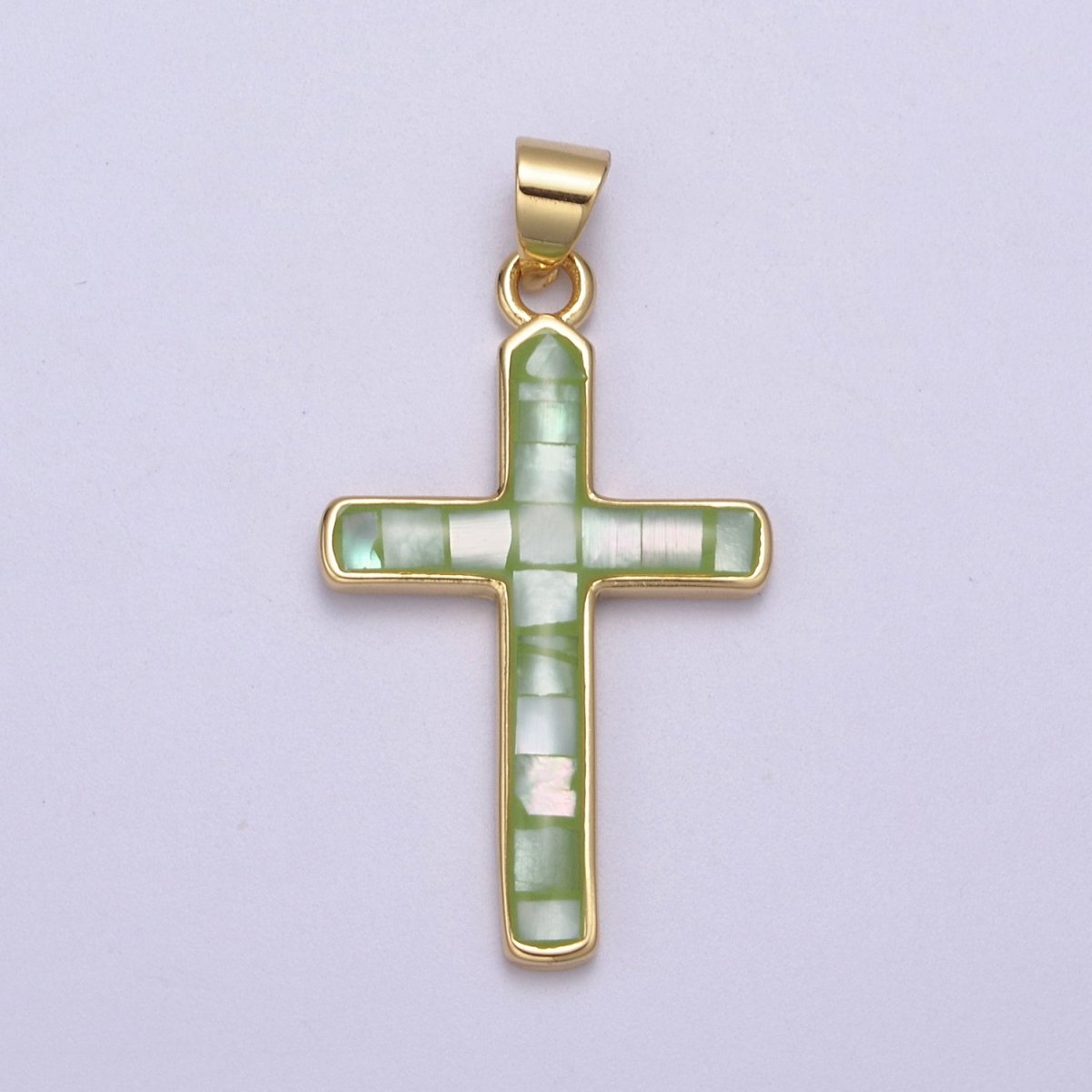 24K Gold Filled Pink / Green / Blue Opal Shell Religious Minimalist Cross Pendant H-745 H-747 H-763 - DLUXCA
