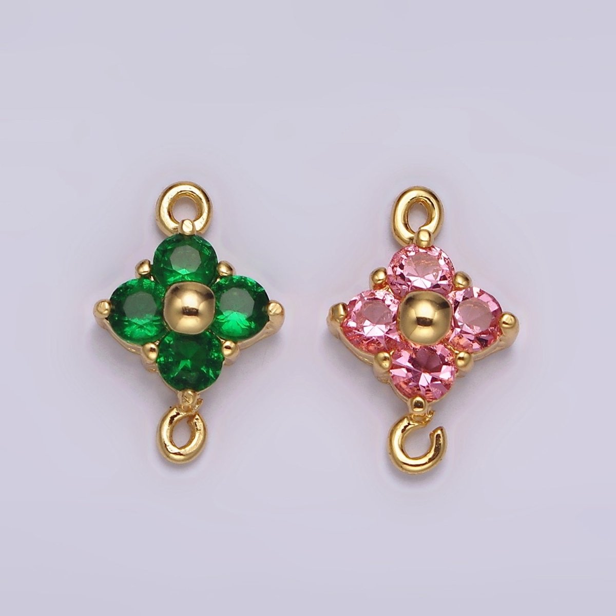 24K Gold Filled Pink, Green CZ Quatrefoil Clover Connector | G808 G809 - DLUXCA