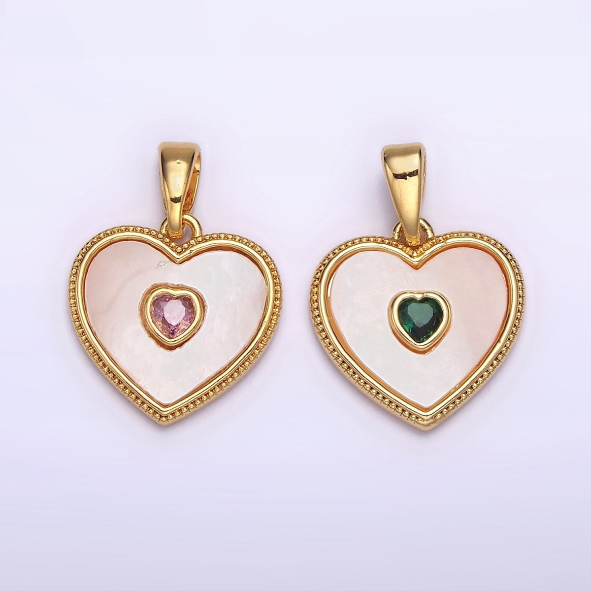 24K Gold Filled Pink, Green CZ Shell Pearl Beaded Heart Pendant | AA573 AA574 - DLUXCA