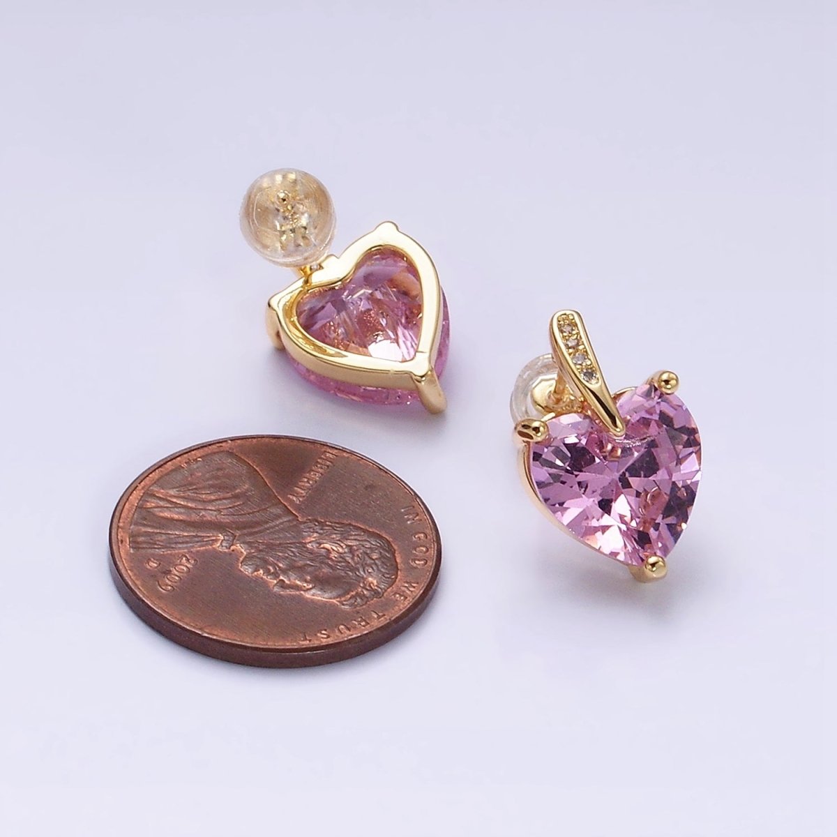 24K Gold Filled Pink Heart CZ Micro Paved Stud Earrings in Gold & Silver | AB308 AD1140 - DLUXCA