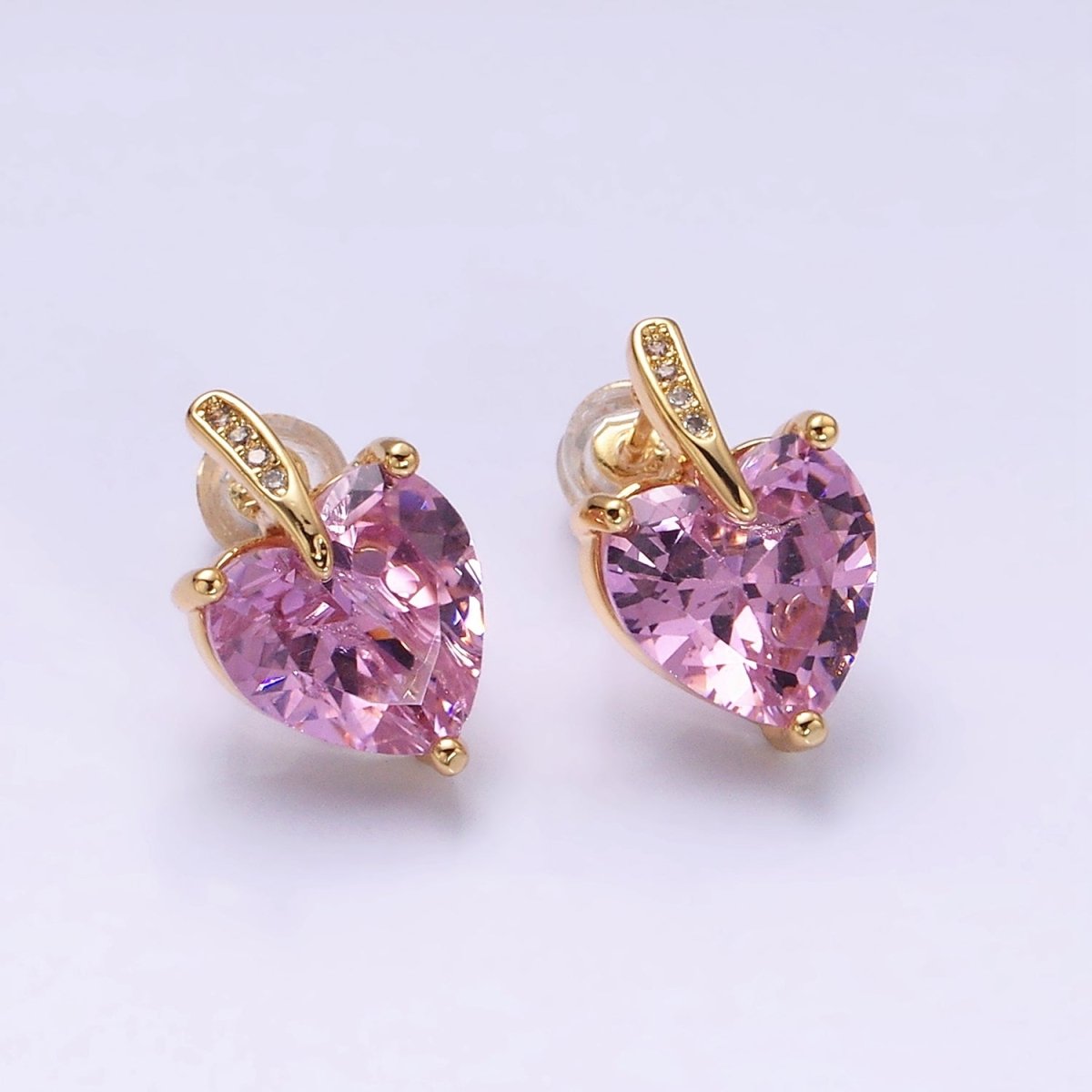 24K Gold Filled Pink Heart CZ Micro Paved Stud Earrings in Gold & Silver | AB308 AD1140 - DLUXCA