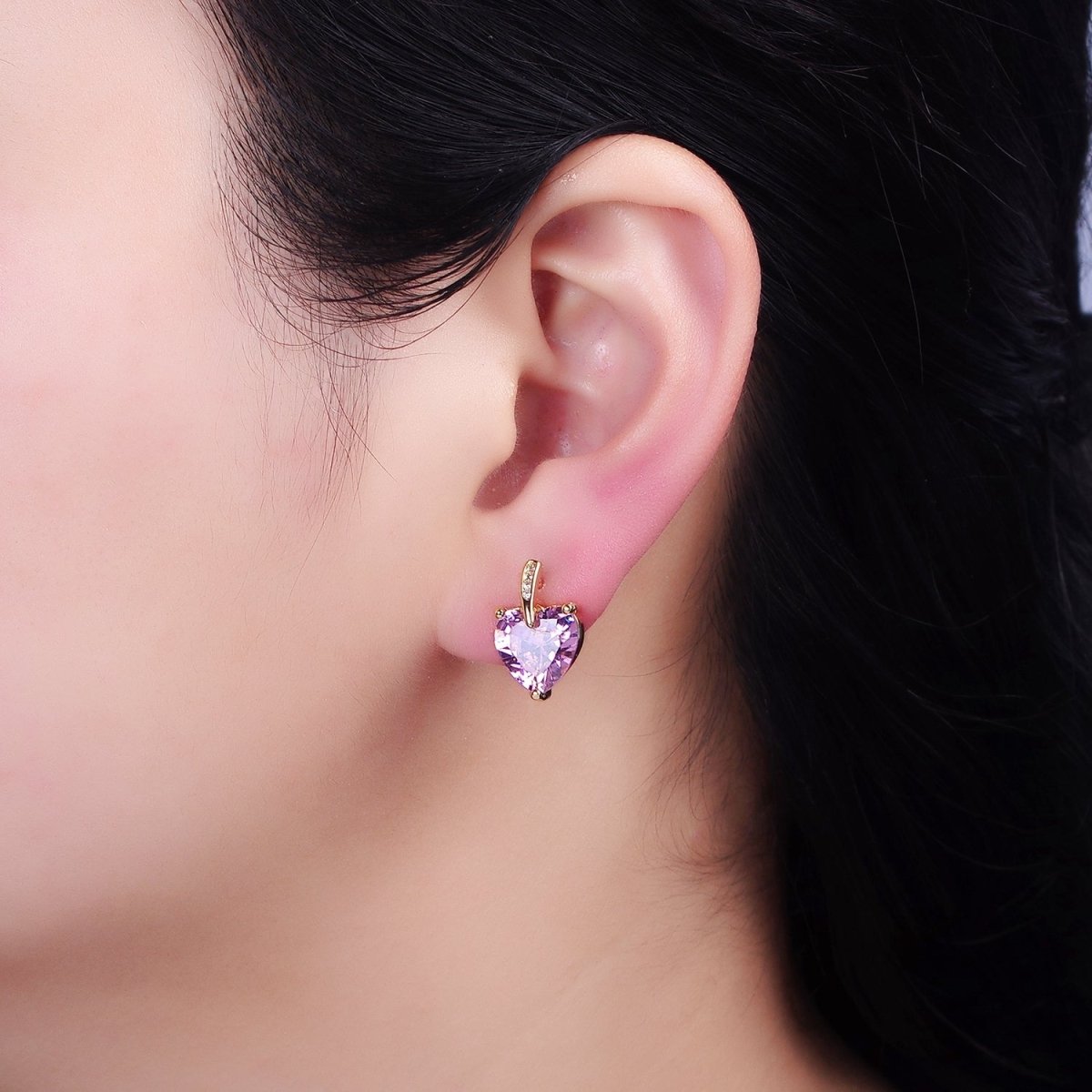 24K Gold Filled Pink Heart CZ Micro Paved Stud Earrings in Gold & Silver | AB308 AD1140 - DLUXCA