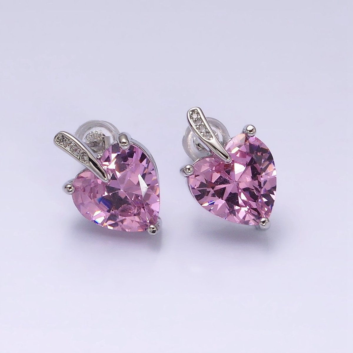 24K Gold Filled Pink Heart CZ Micro Paved Stud Earrings in Gold & Silver | AB308 AD1140 - DLUXCA