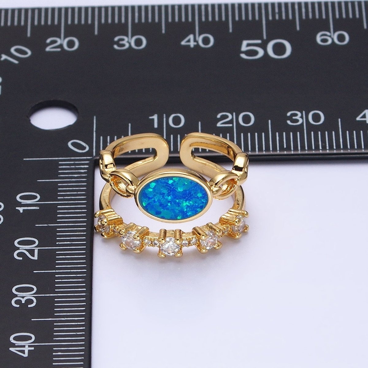 24K Gold Filled Pink, Purple, Blue Oval Opal Cable Link Clear CZ Double Band Ring in Gold & Silver | O-1797~O-1802 - DLUXCA