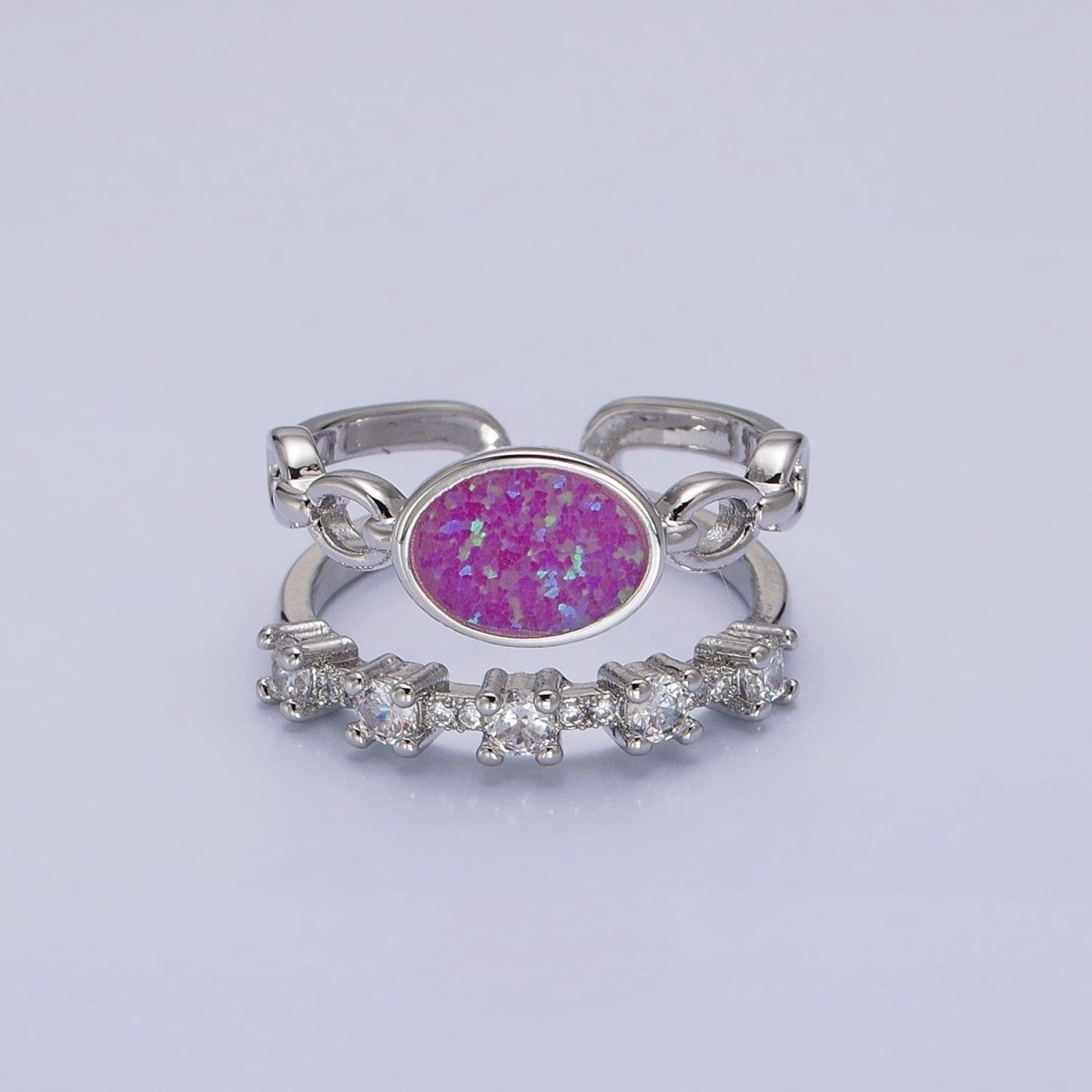 24K Gold Filled Pink, Purple, Blue Oval Opal Cable Link Clear CZ Double Band Ring in Gold & Silver | O-1797~O-1802 - DLUXCA