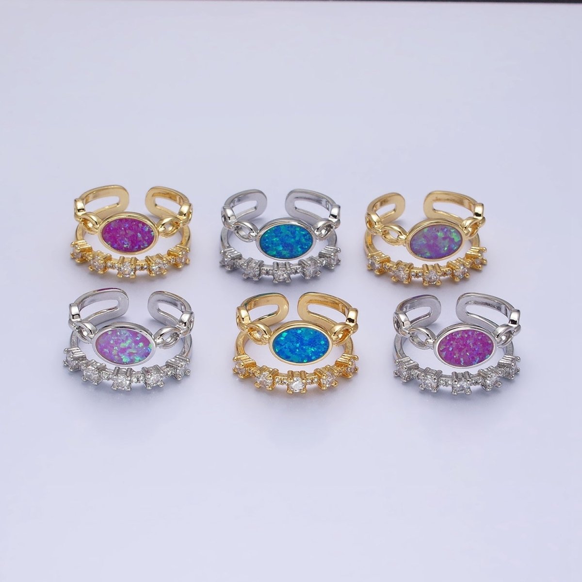 24K Gold Filled Pink, Purple, Blue Oval Opal Cable Link Clear CZ Double Band Ring in Gold & Silver | O-1797~O-1802 - DLUXCA