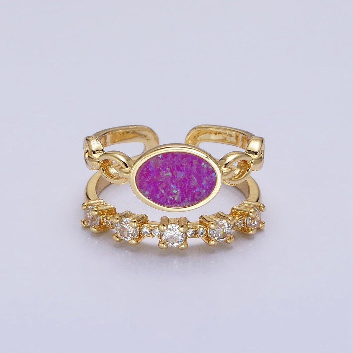 24K Gold Filled Pink, Purple, Blue Oval Opal Cable Link Clear CZ Double Band Ring in Gold & Silver | O-1797~O-1802 - DLUXCA