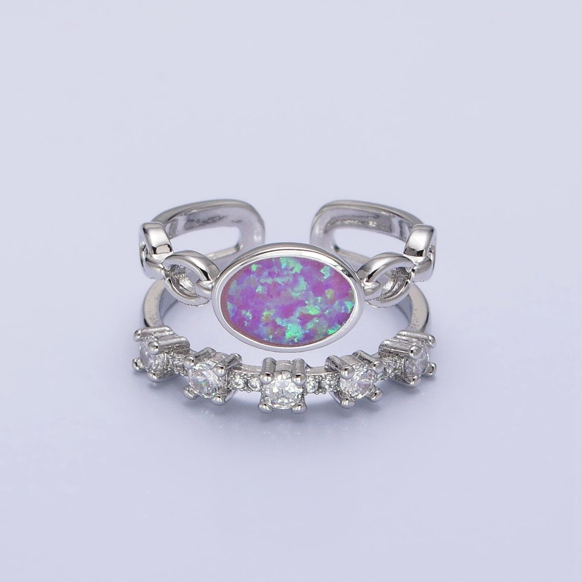 24K Gold Filled Pink, Purple, Blue Oval Opal Cable Link Clear CZ Double Band Ring in Gold & Silver | O-1797~O-1802 - DLUXCA