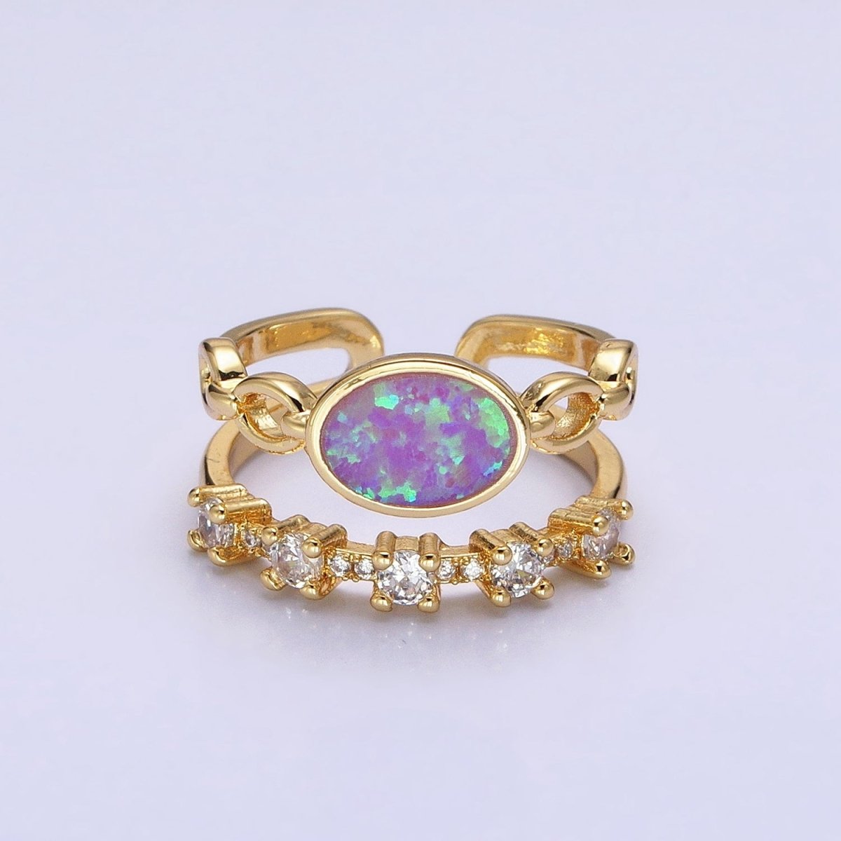 24K Gold Filled Pink, Purple, Blue Oval Opal Cable Link Clear CZ Double Band Ring in Gold & Silver | O-1797~O-1802 - DLUXCA