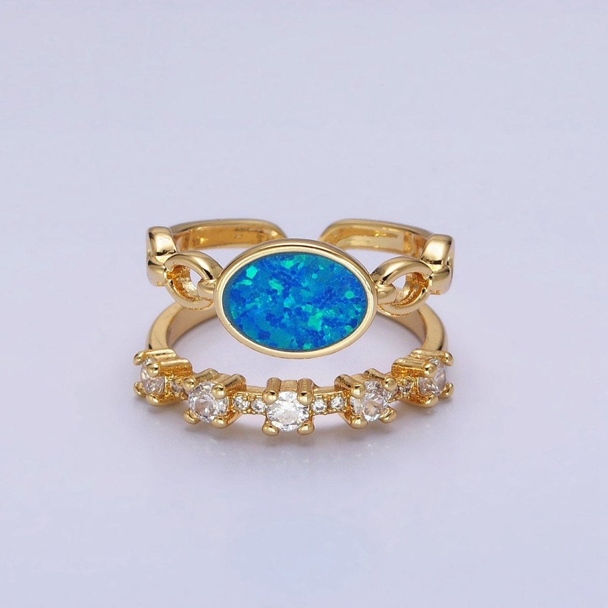 24K Gold Filled Pink, Purple, Blue Oval Opal Cable Link Clear CZ Double Band Ring in Gold & Silver | O-1797~O-1802 - DLUXCA