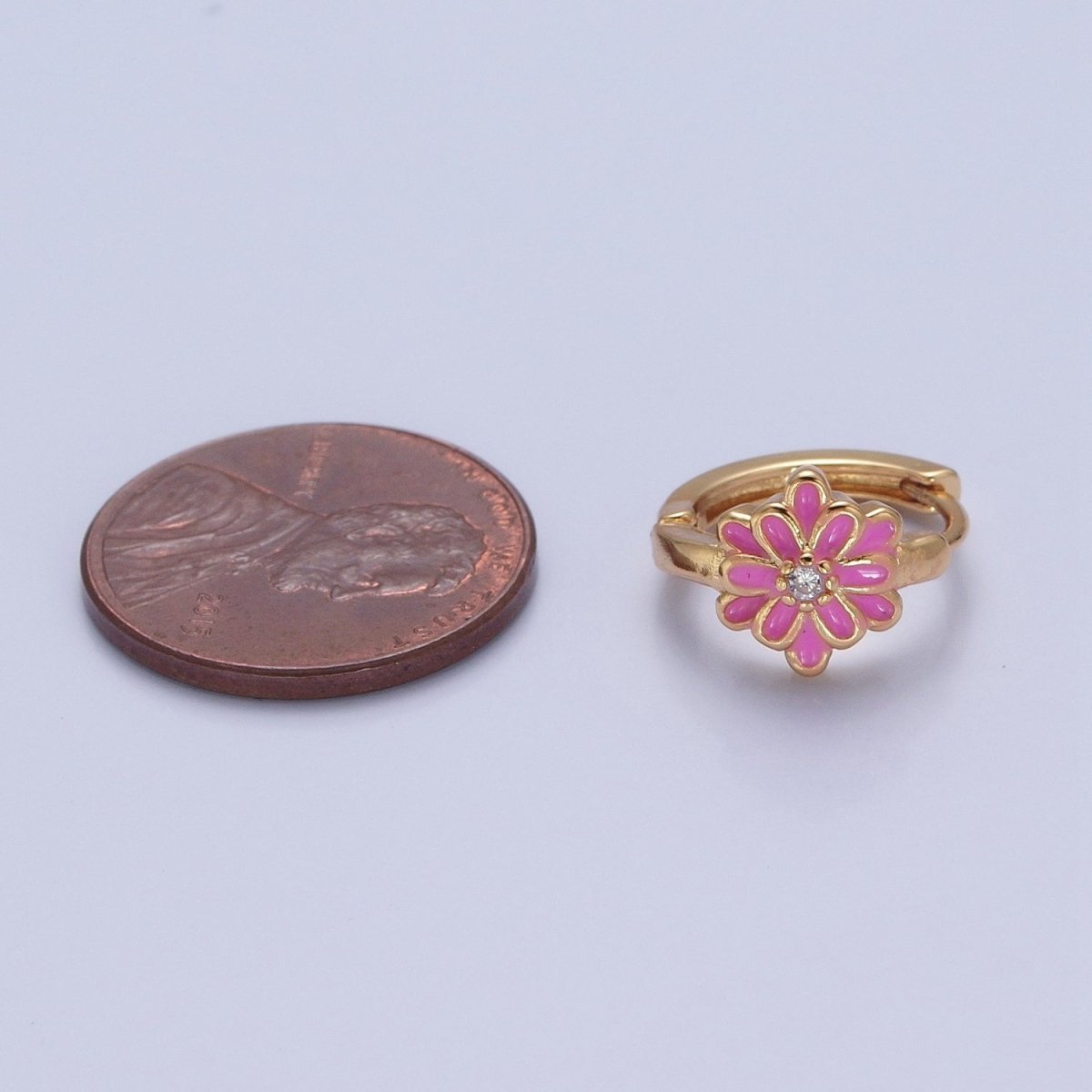 24K Gold Filled Pink/White Enamel Flower Huggie Hoops Earrings, V-421 V-422 - DLUXCA