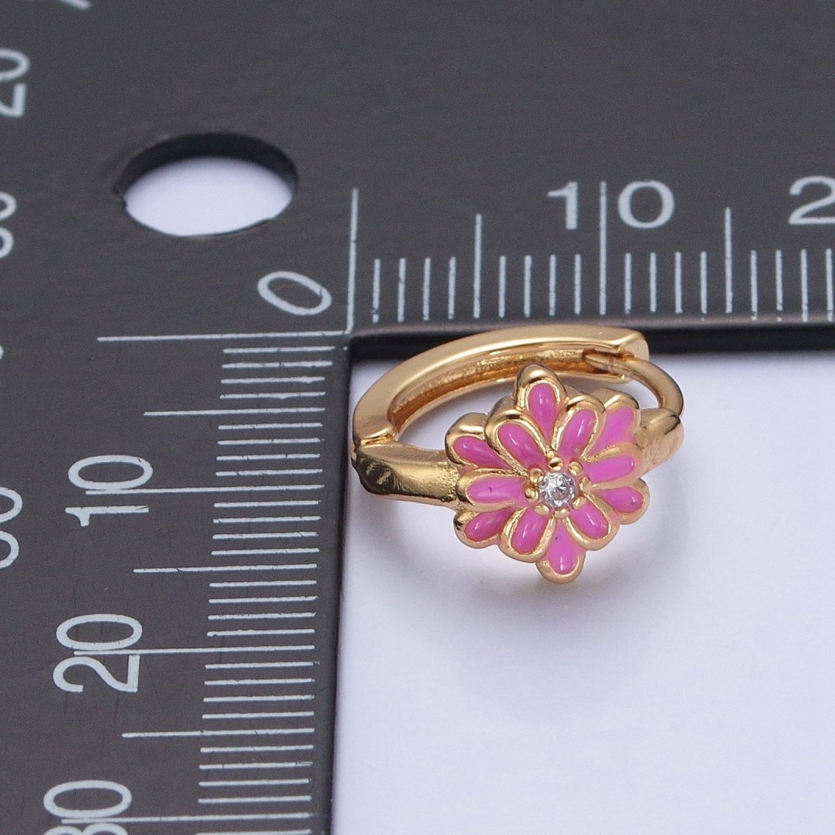 24K Gold Filled Pink/White Enamel Flower Huggie Hoops Earrings, V-421 V-422 - DLUXCA