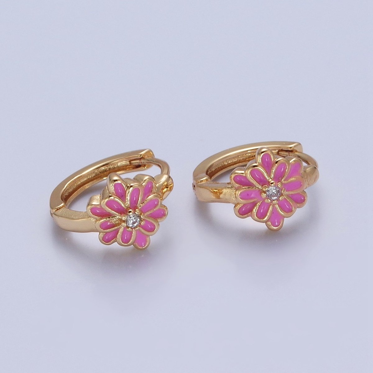 24K Gold Filled Pink/White Enamel Flower Huggie Hoops Earrings, V-421 V-422 - DLUXCA