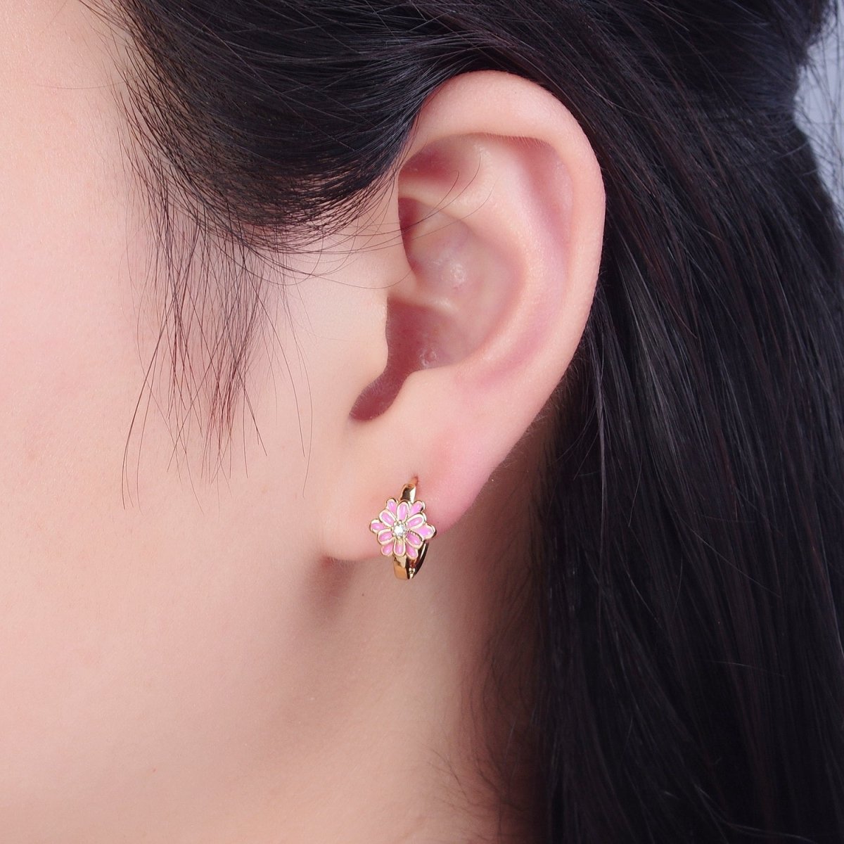 24K Gold Filled Pink/White Enamel Flower Huggie Hoops Earrings, V-421 V-422 - DLUXCA