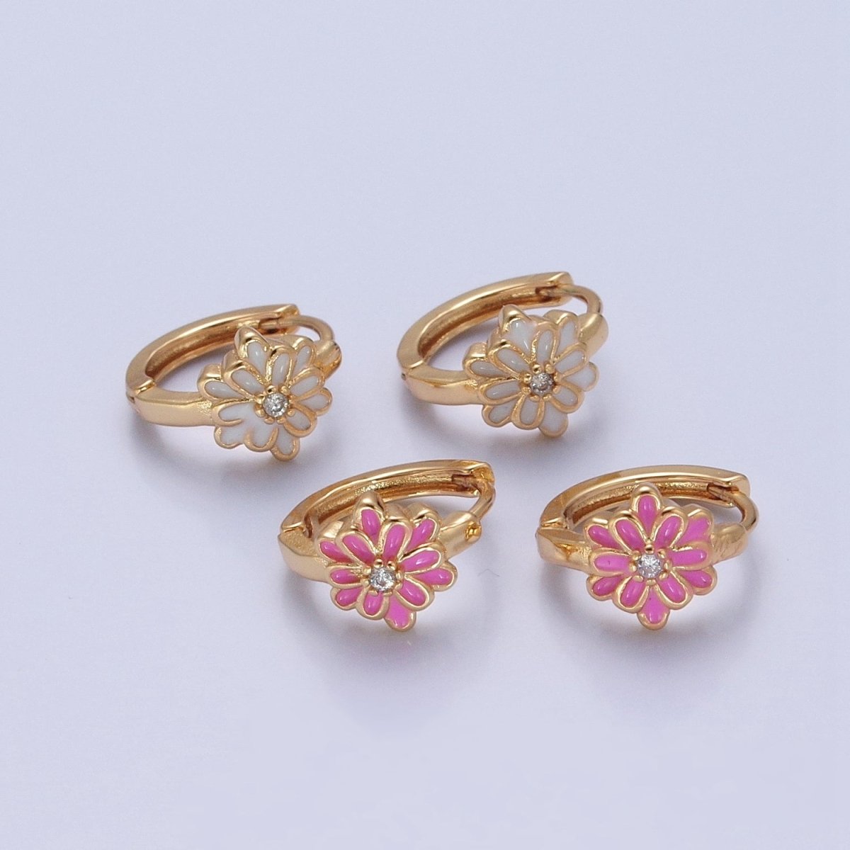 24K Gold Filled Pink/White Enamel Flower Huggie Hoops Earrings, V-421 V-422 - DLUXCA