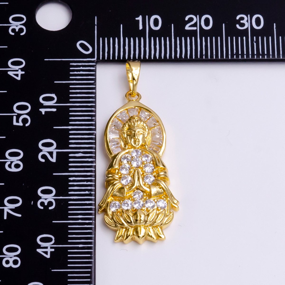 24K Gold Filled Praying Buddha Flower Clear Baguette Micro Paved CZ Pendant | AA486 - DLUXCA