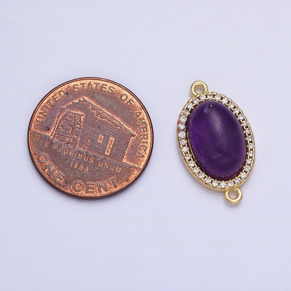 24K Gold Filled Purple Amethyst Natural Gemstone Micro Paved CZ Oval Connector | AA820 - DLUXCA