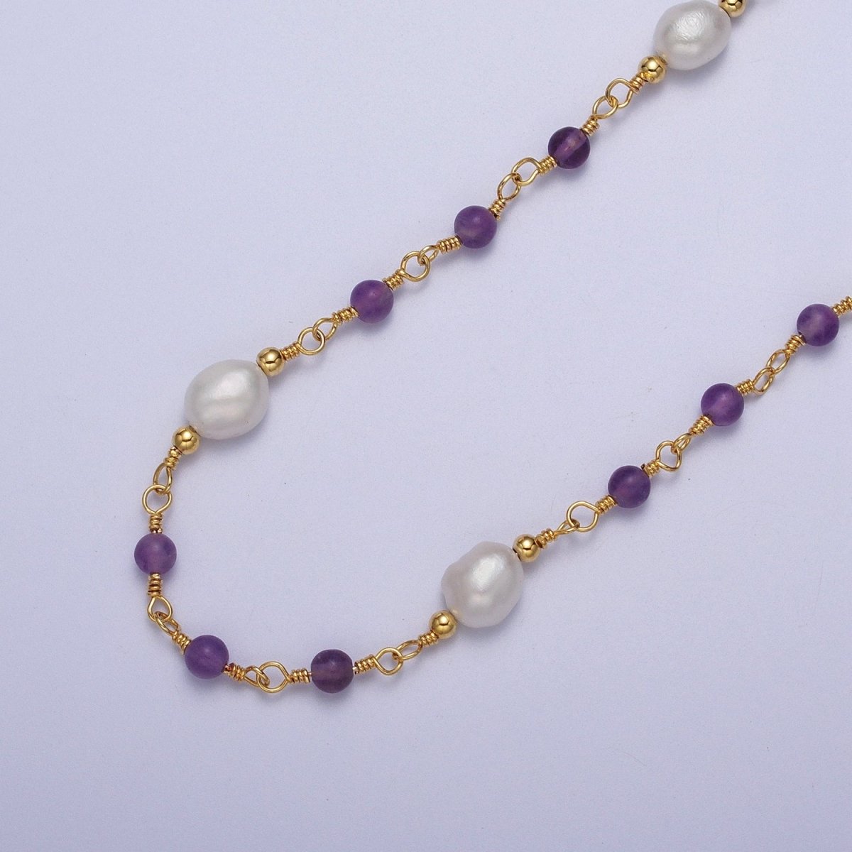 24K Gold Filled Purple Amethyst Pearl Unfinished Chain by Yard | ROLL-1072 Clearance Pricing - DLUXCA