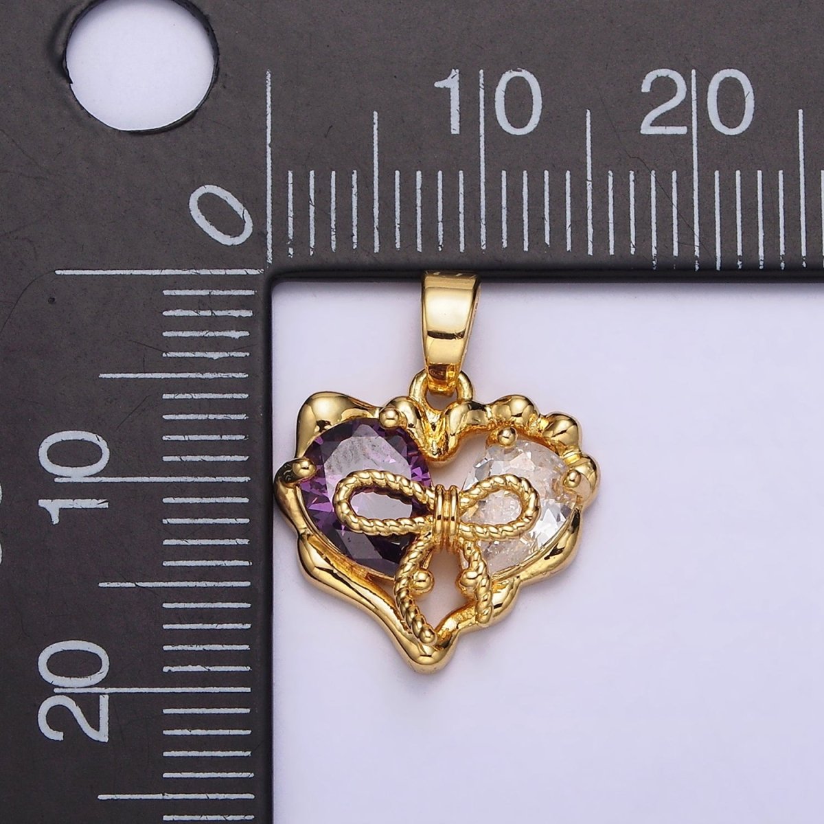 24K Gold Filled Purple Pink Teardrop CZ Ribbon Tied Molten Drip Open Heart Pendant | AA569 - DLUXCA