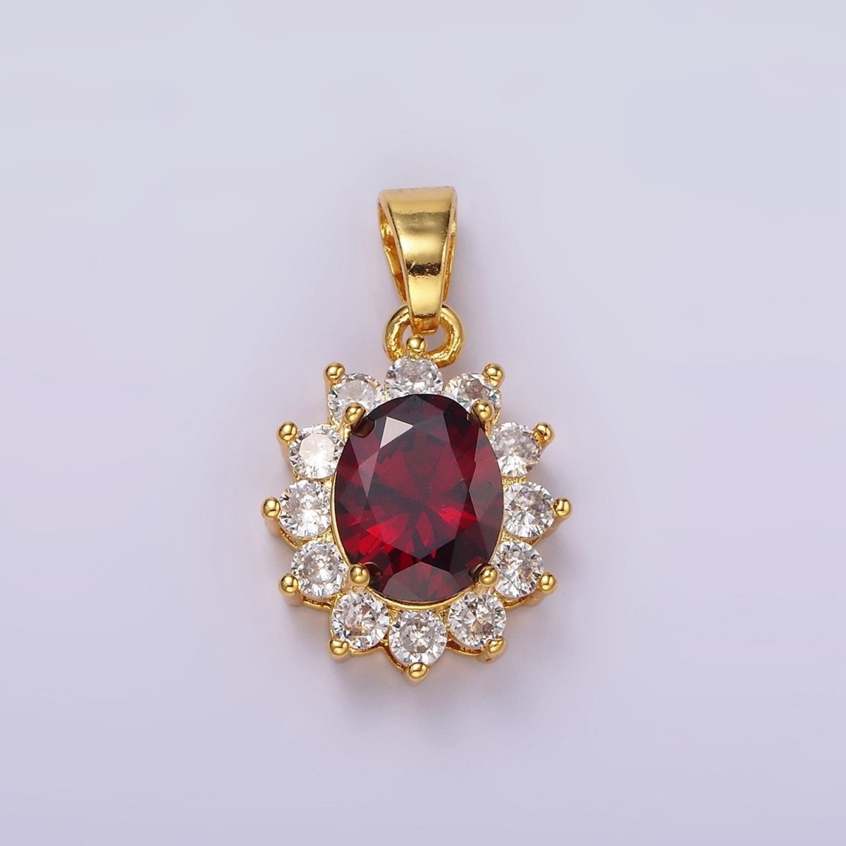 24K Gold Filled Red CZ Flower Celestial Sun Oval Pendant | N1315 - DLUXCA