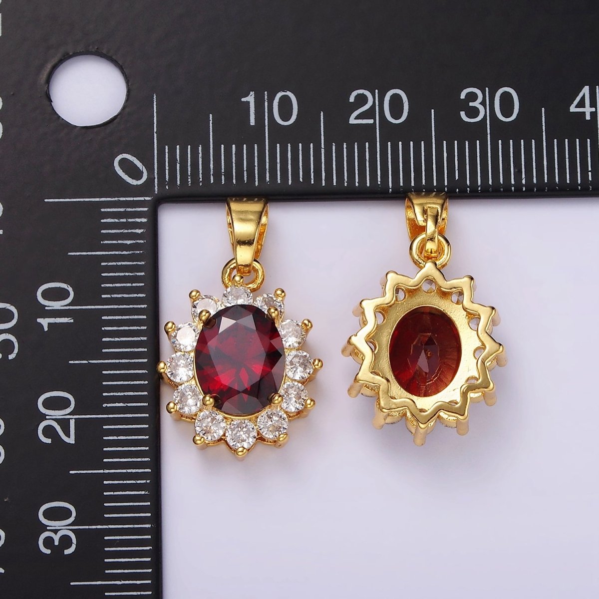 24K Gold Filled Red CZ Flower Celestial Sun Oval Pendant | N1315 - DLUXCA