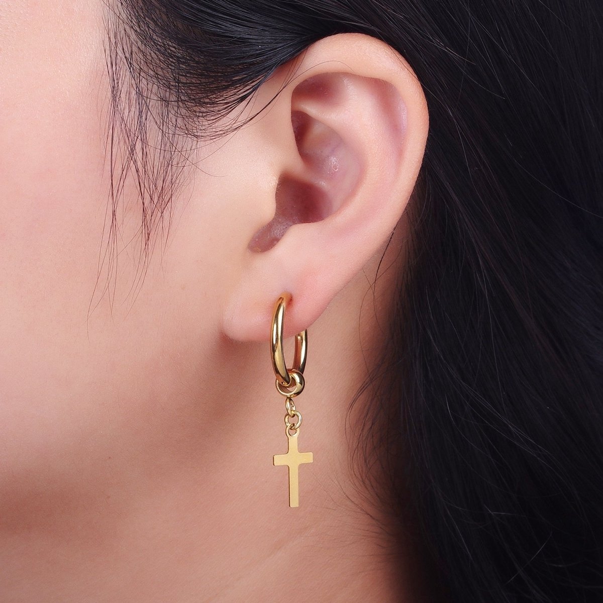 24K Gold Filled Religious Cross 18mm Huggie Drop Earrings Hoops | Y-177 - DLUXCA