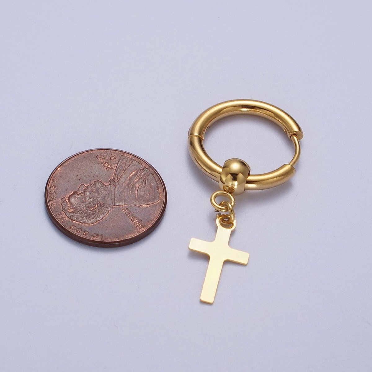 24K Gold Filled Religious Cross 18mm Huggie Drop Earrings Hoops | Y-177 - DLUXCA