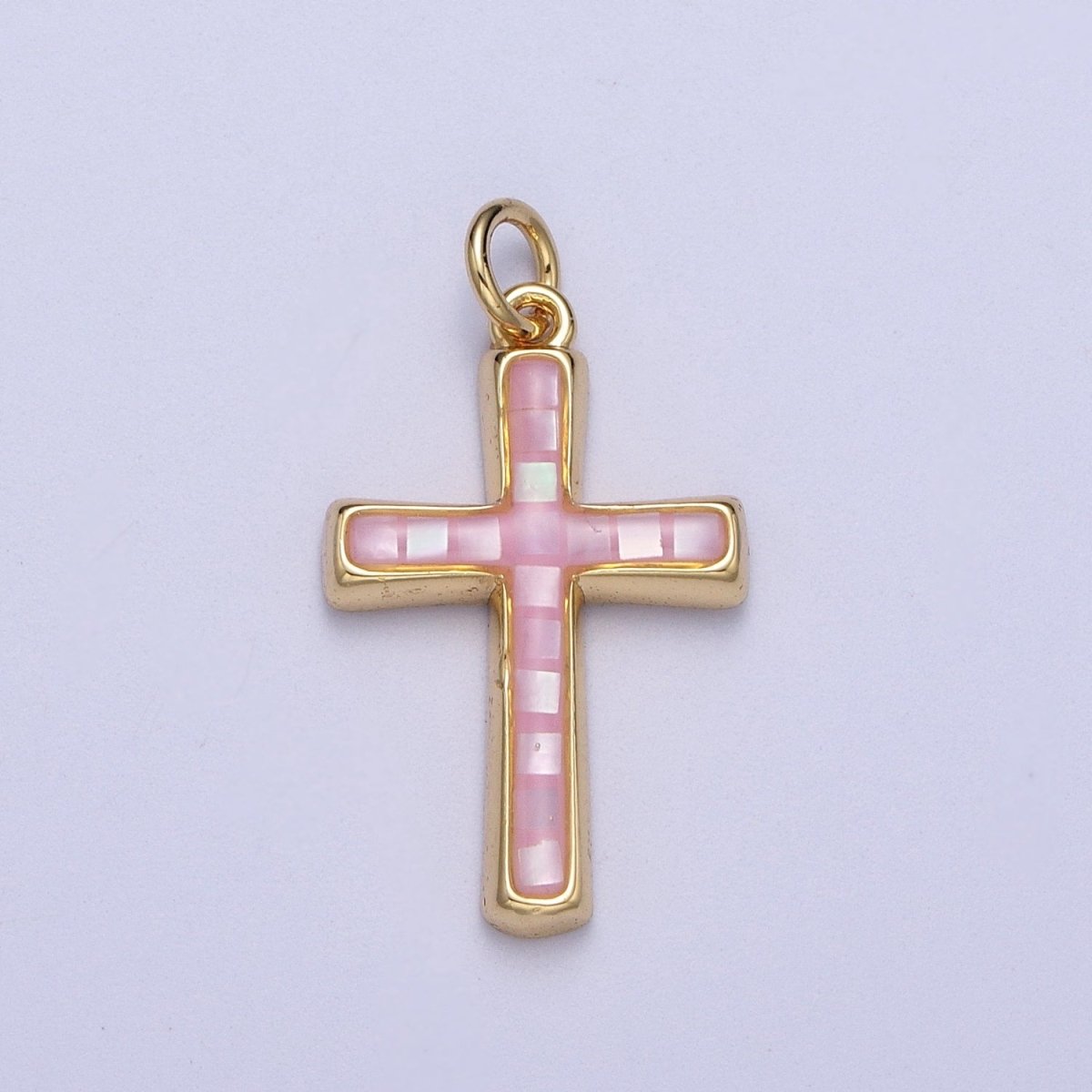 24K Gold Filled Religious Cross Black, White, Blue, Pink Shell Opal Charm | C-218 C-233 C-234 C-241 - DLUXCA