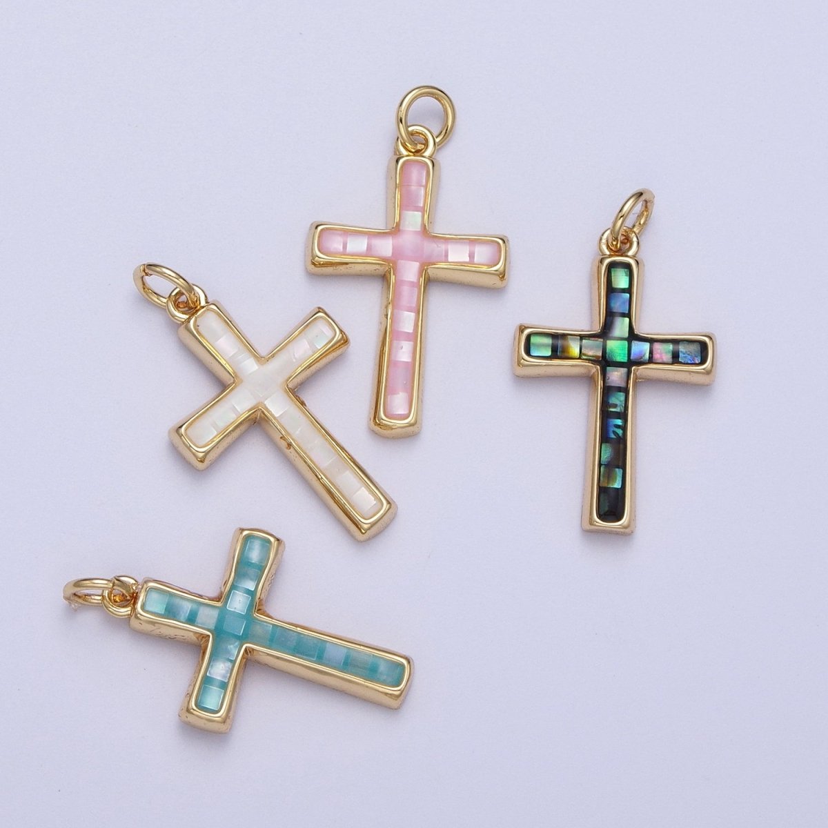 24K Gold Filled Religious Cross Black, White, Blue, Pink Shell Opal Charm | C-218 C-233 C-234 C-241 - DLUXCA