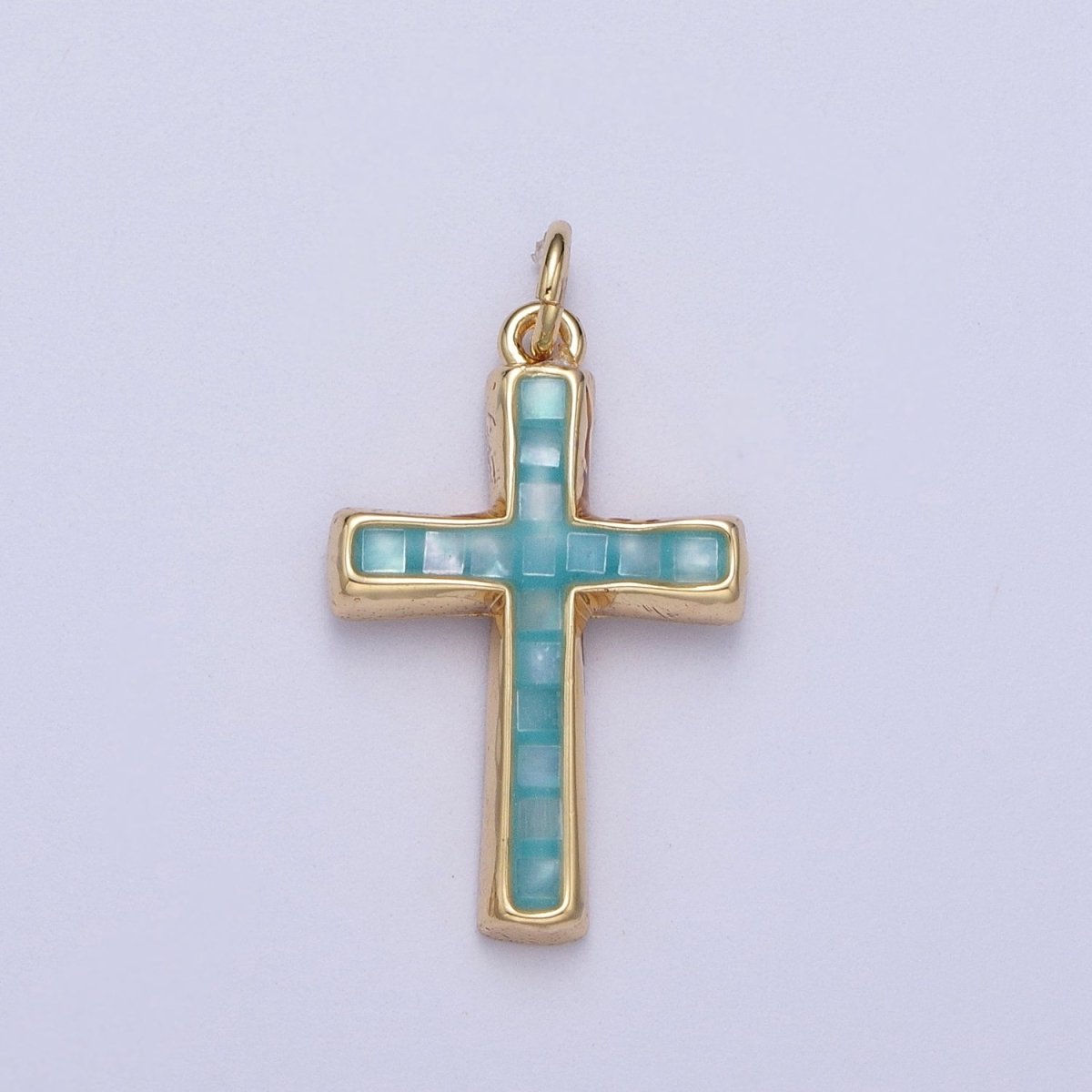 24K Gold Filled Religious Cross Black, White, Blue, Pink Shell Opal Charm | C-218 C-233 C-234 C-241 - DLUXCA