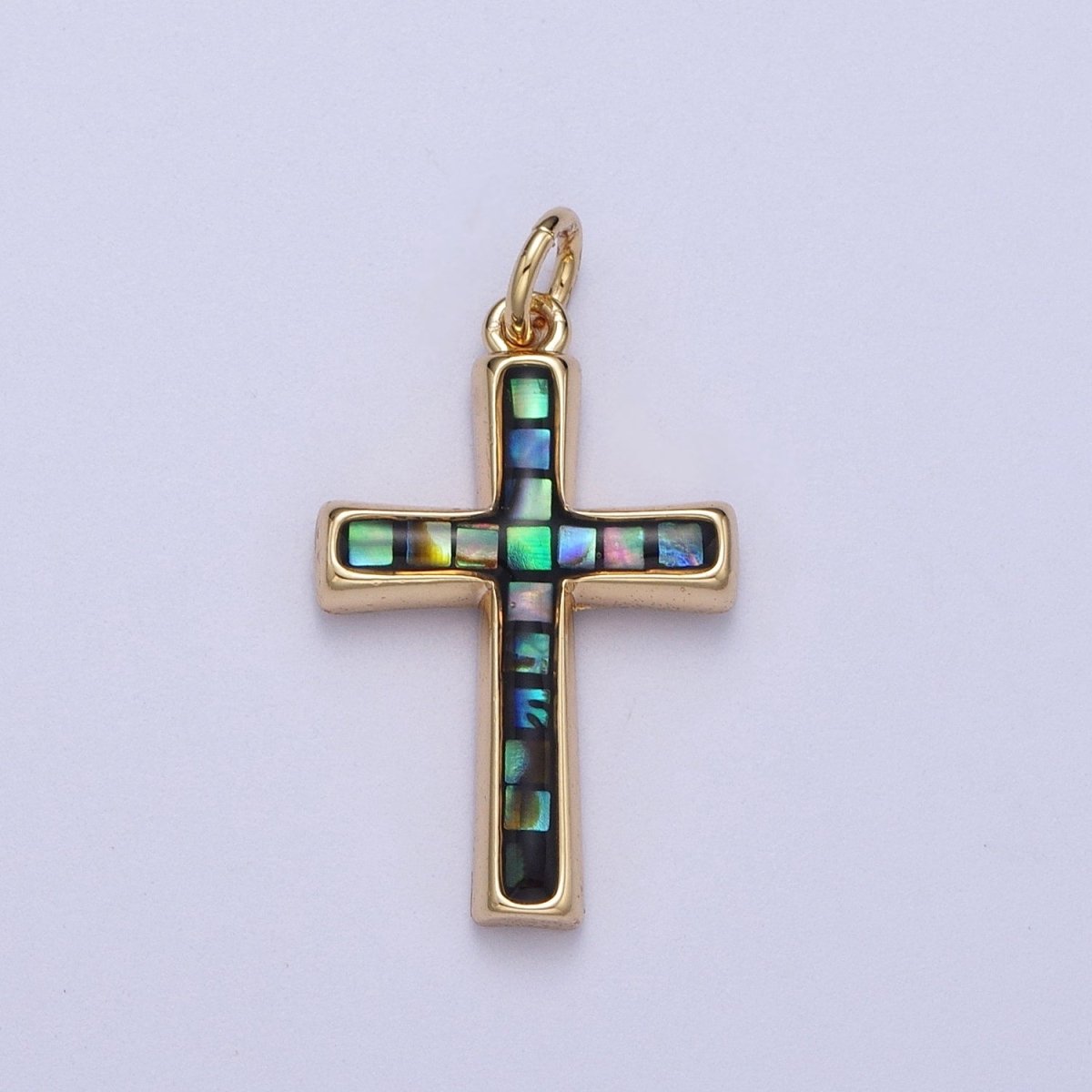 24K Gold Filled Religious Cross Black, White, Blue, Pink Shell Opal Charm | C-218 C-233 C-234 C-241 - DLUXCA
