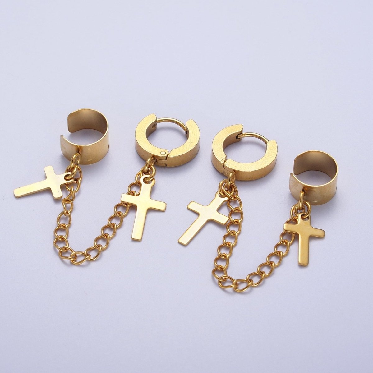 24K Gold Filled Religious Cross Chain Linked Huggie & Ear Cuff | Y-175 - DLUXCA