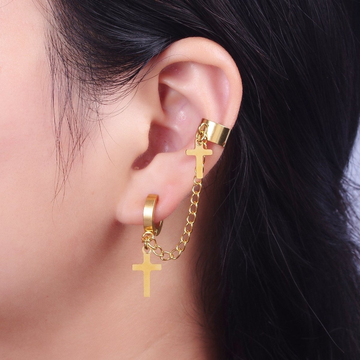 24K Gold Filled Religious Cross Chain Linked Huggie & Ear Cuff | Y-175 - DLUXCA