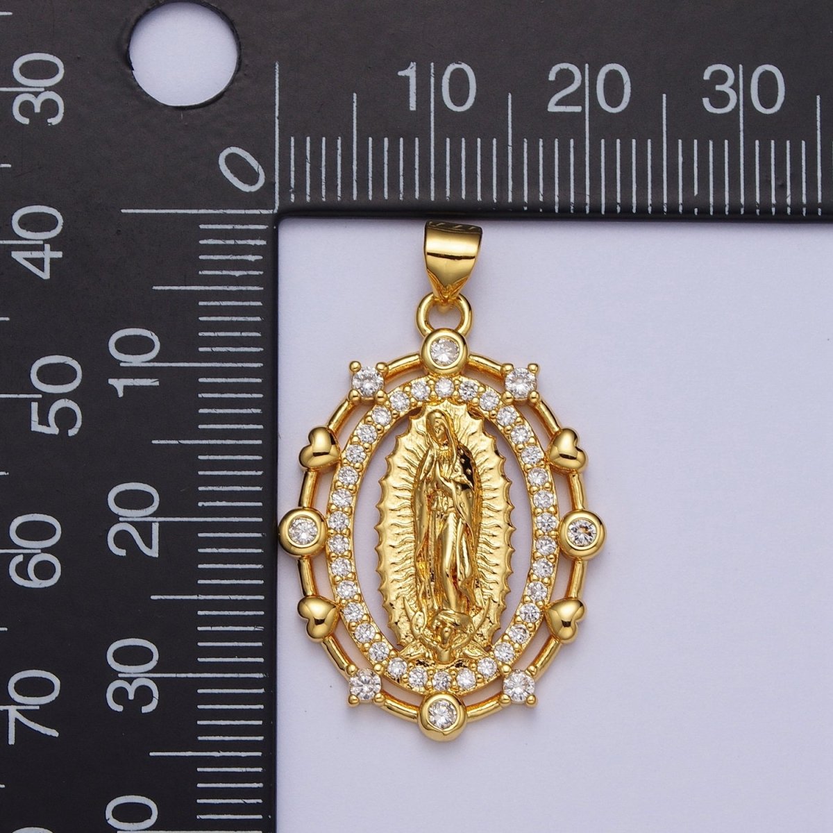 24K Gold Filled Religious Oval Micro Paved Mother Virgin Mary Heart Round Cubic Zirconia CZ Pendant For Jewelry Making H-013 - DLUXCA