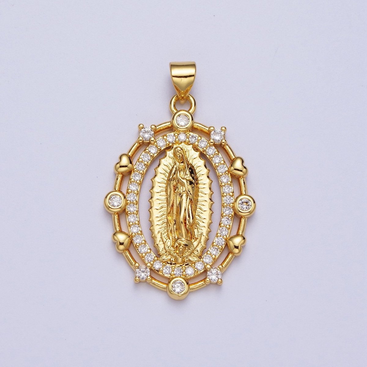 24K Gold Filled Religious Oval Micro Paved Mother Virgin Mary Heart Round Cubic Zirconia CZ Pendant For Jewelry Making H-013 - DLUXCA